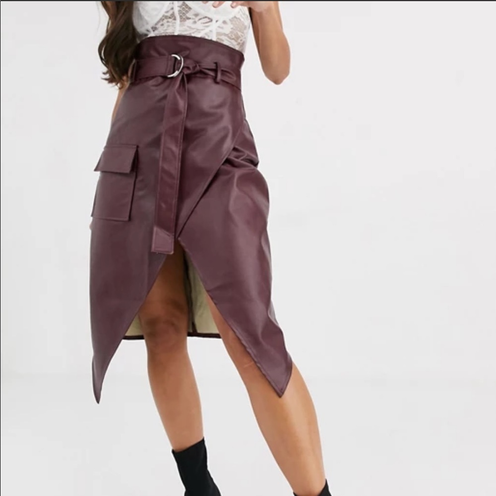 Burgundy faux leather asymmetric skirt